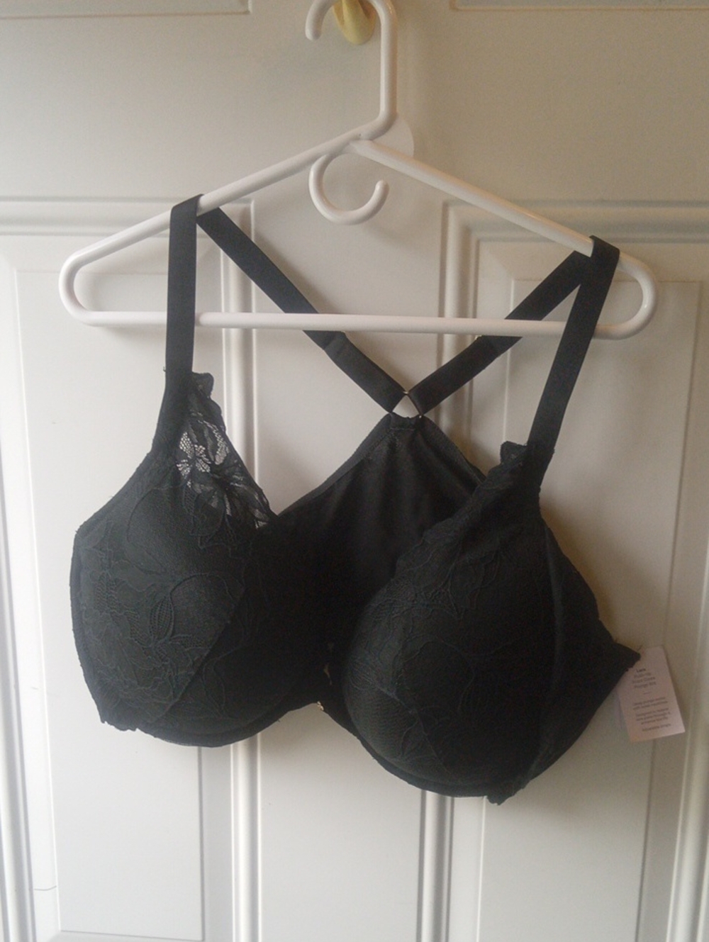 Black Lace Full-Coverage Bra with Decorative Crisscross Back Front Closure